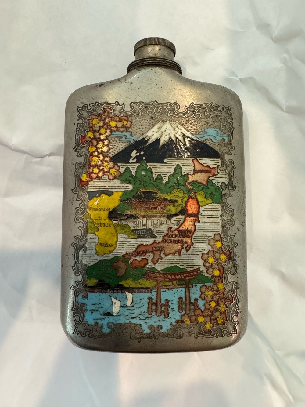 Vintage Korean War Era Silver-Toned Flask With Enameled Map of Korea and Japan